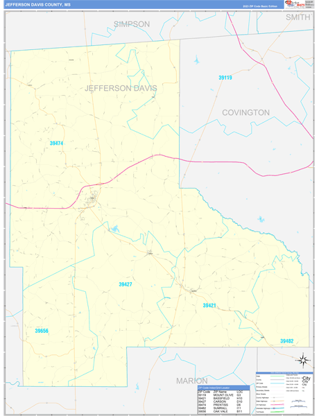 Jefferson Davis County, MS Carrier Route Wall Map